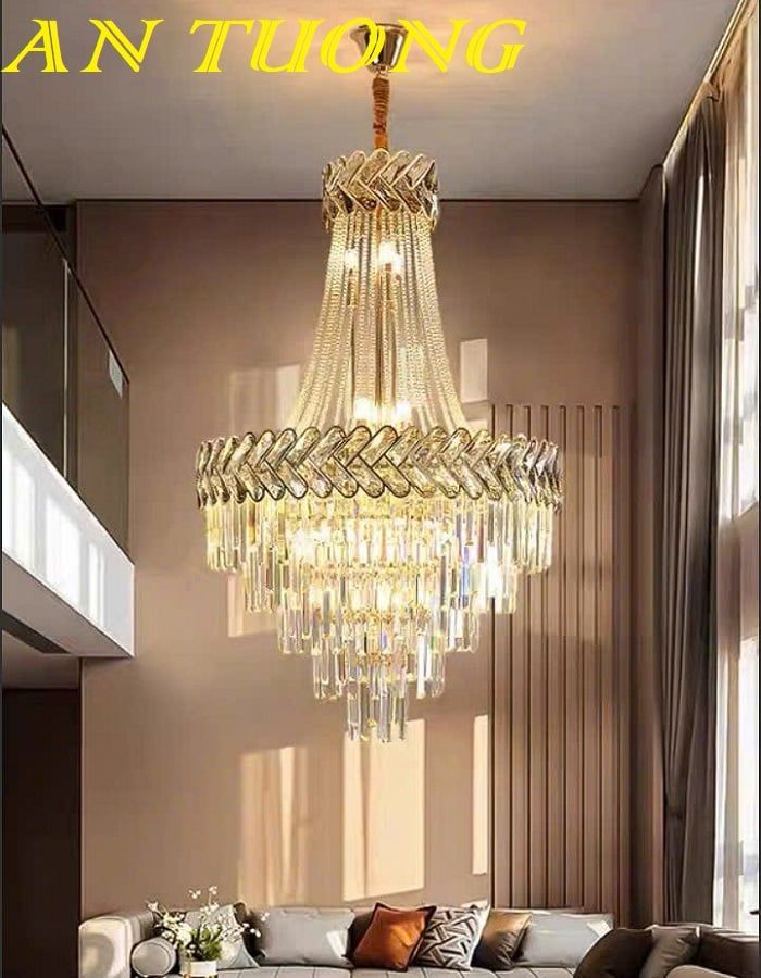 Đèn chùm pha lê thông tầng phòng khách đẹp sang trọng 025