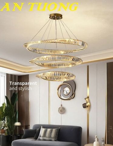 Đèn thả trần trang trí phòng khách 3 vòng pha lê cao cấp hiện đại