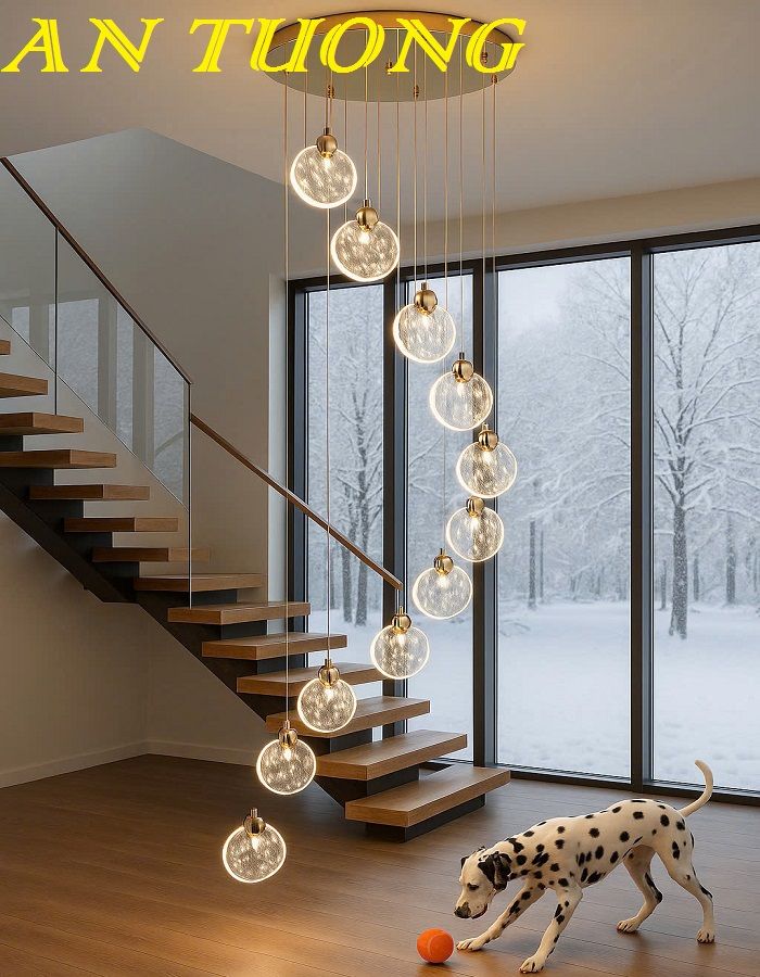 Đèn thả trần phòng khách thông tầng hiện đại trần cao 01