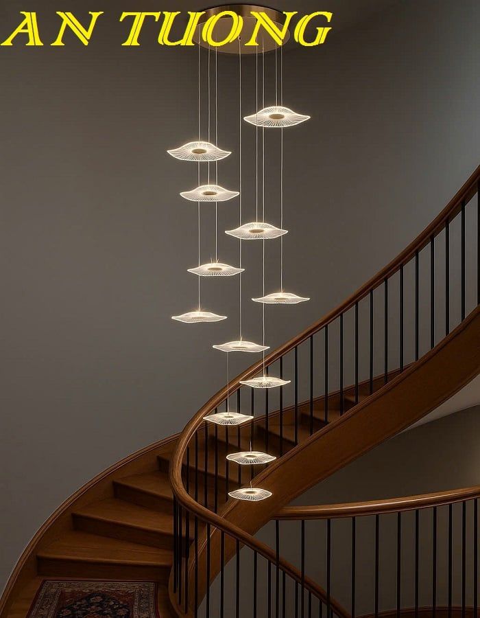 Đèn thả trần phòng khách thông tầng hiện đại trần cao 02