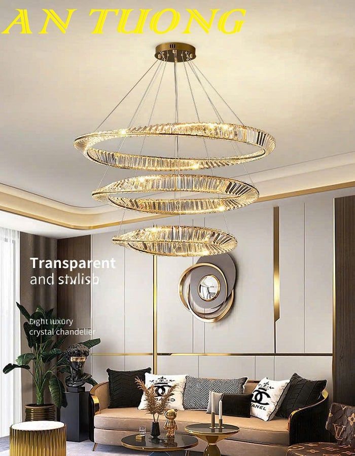 Đèn thả trần trang trí phòng khách 3 vòng tròn pha lê cao cấp 020