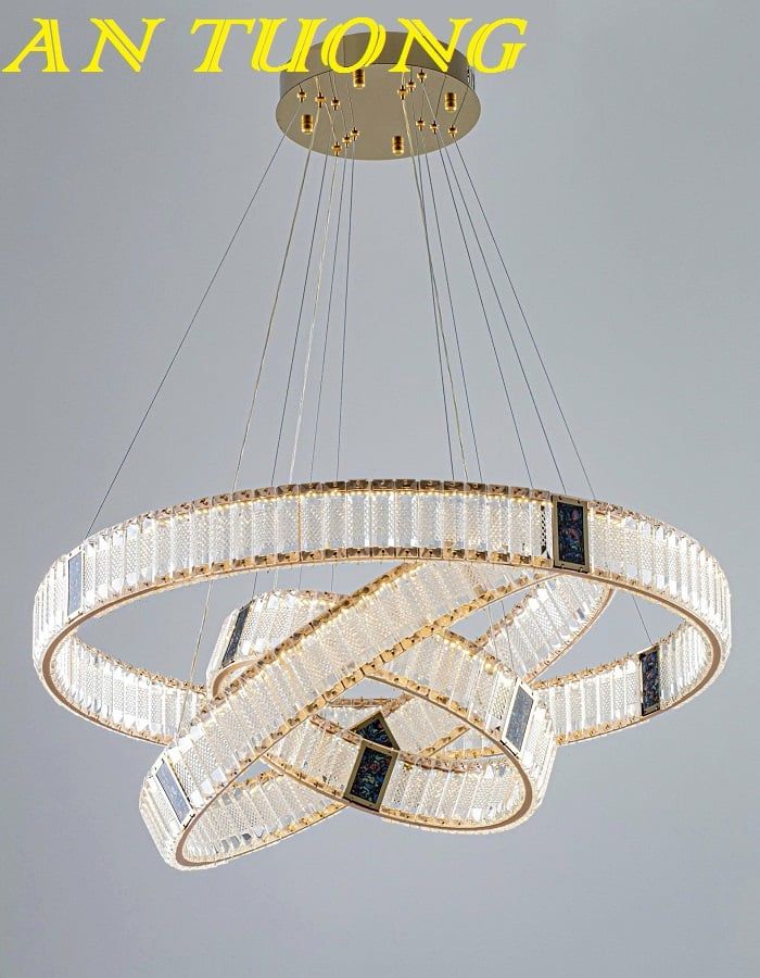 đèn thả trần phòng khách 3 vòng pha lê decor trang trí phòng khách, ghế sofa sang trọng, hiện đại 0010