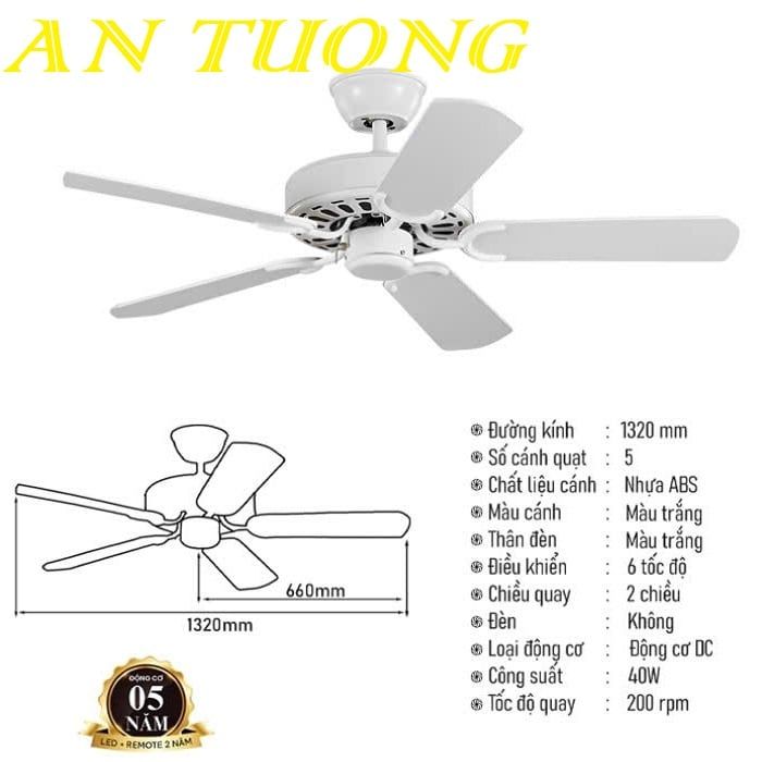 Quạt trần 5 cánh hiện đại màu trắng 002