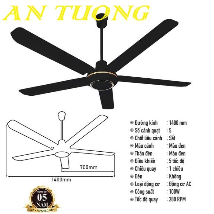 Quạt trần 5 cánh hiện đại màu đen 007