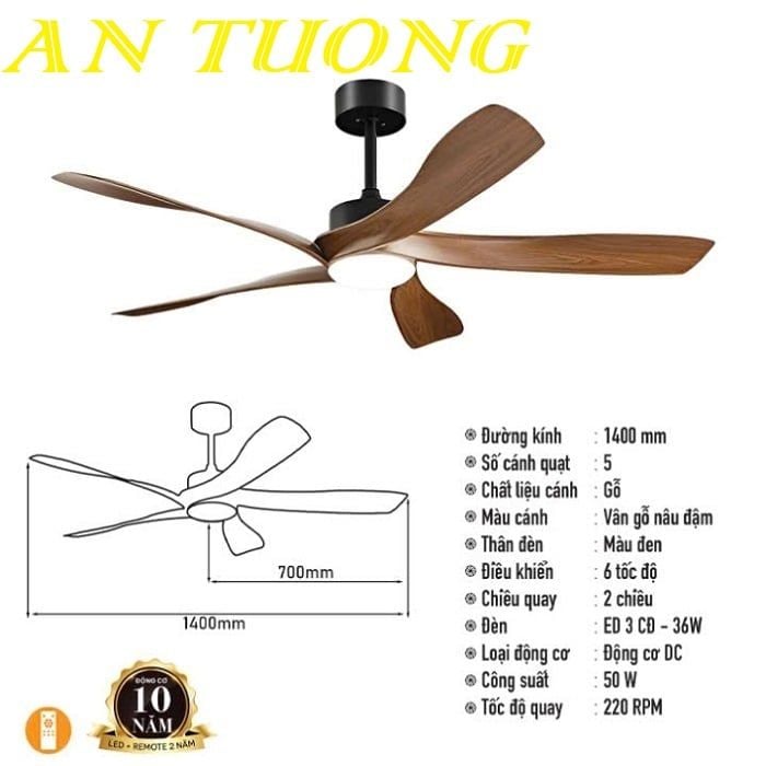 Quạt trần đèn 5 cánh gỗ hiện đại 008
