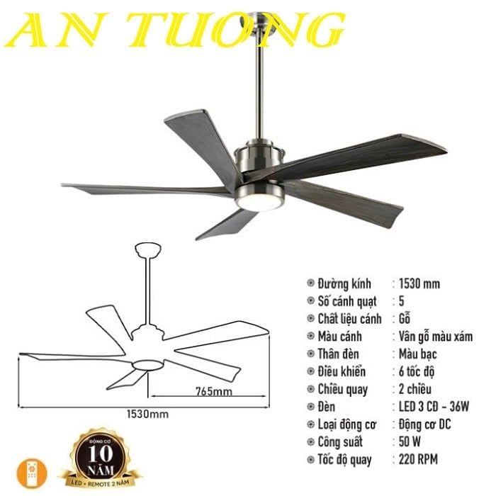 Quạt trần đèn 5 cánh gỗ hiện đại 010