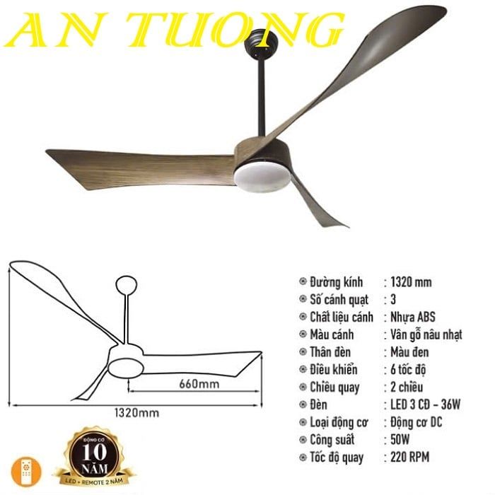 Quạt trần đèn 3 cánh màu gỗ hiện đại 011