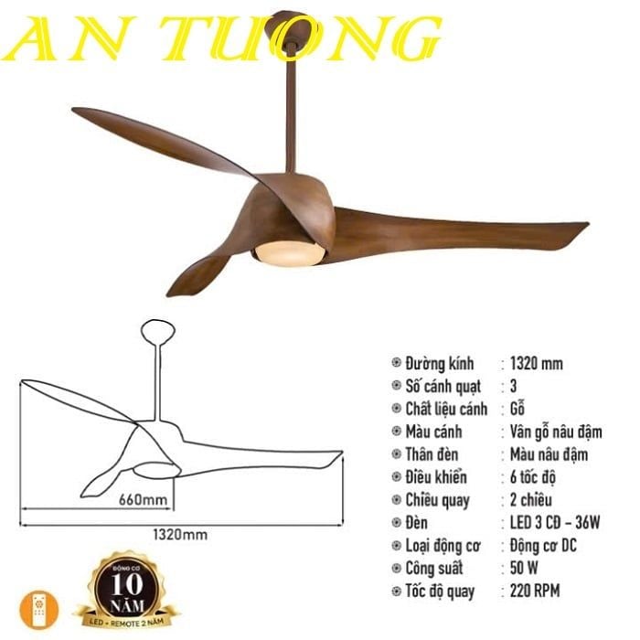 Quạt trần đèn 3 cánh màu gỗ hiện đại 012