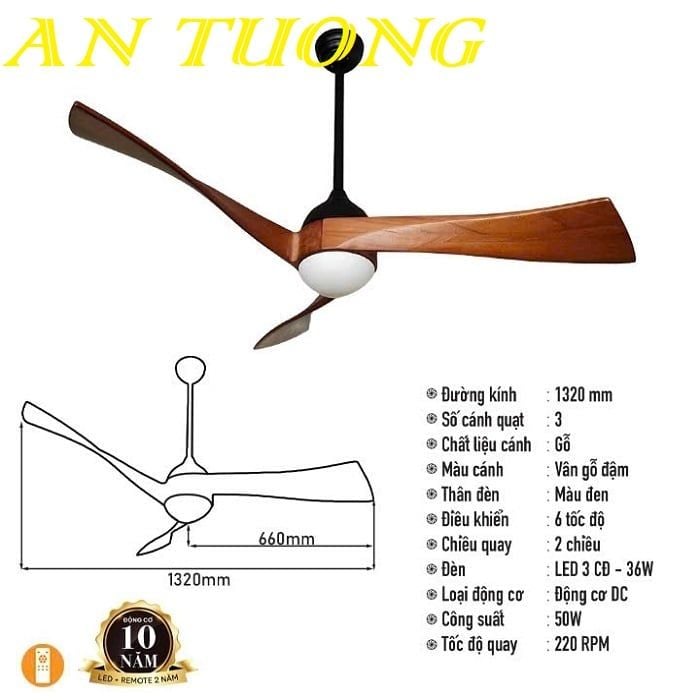 Quạt trần đèn 3 cánh gỗ hiện đại 013