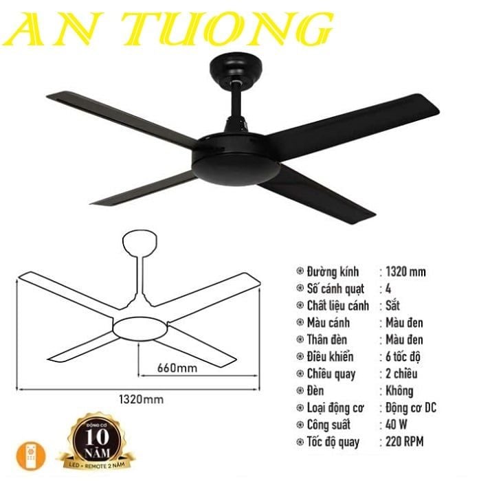 Quạt trần 4 cánh màu đen hiện đại 016