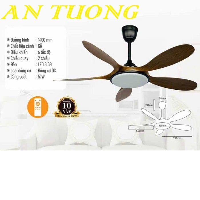 Quạt trần đèn 5 cánh gỗ hiện đại 018