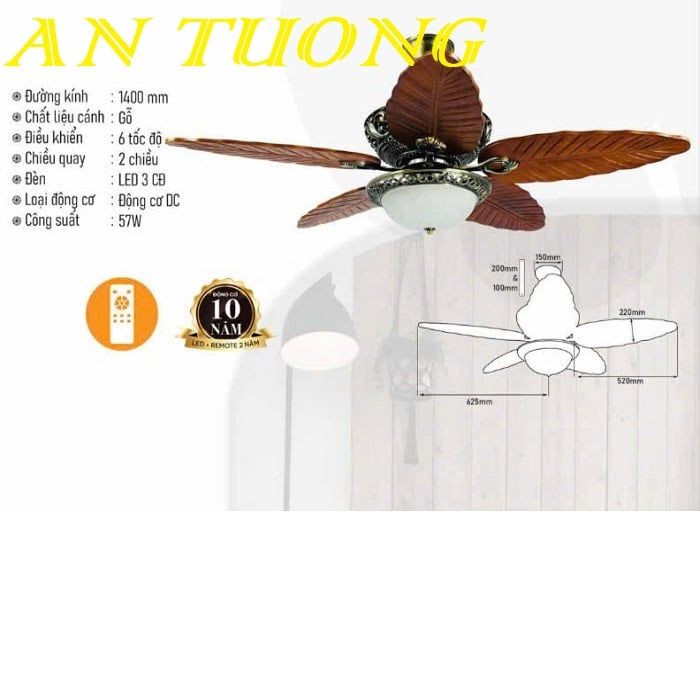 Quạt trần đèn chùm 5 cánh gỗ tân cổ điển 020