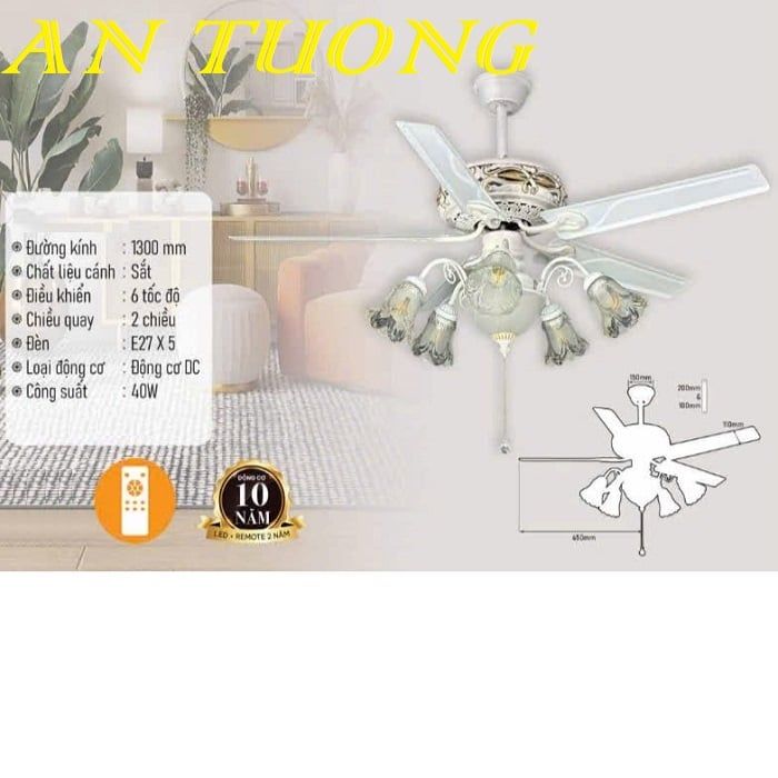 Quạt trần đèn chùm 5 cánh màu trắng tân cổ điển 021