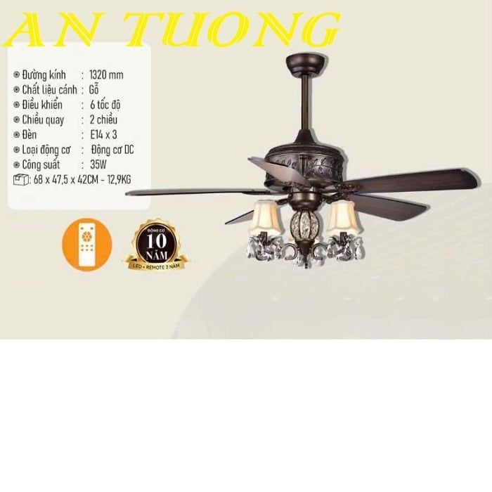 Quạt trần đèn chùm 5 cánh gỗ tân cổ điển 022