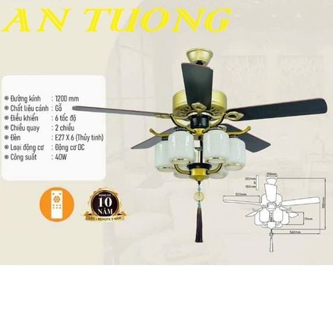  Quạt trần đèn chùm 5 cánh gỗ tân cổ điển 024 