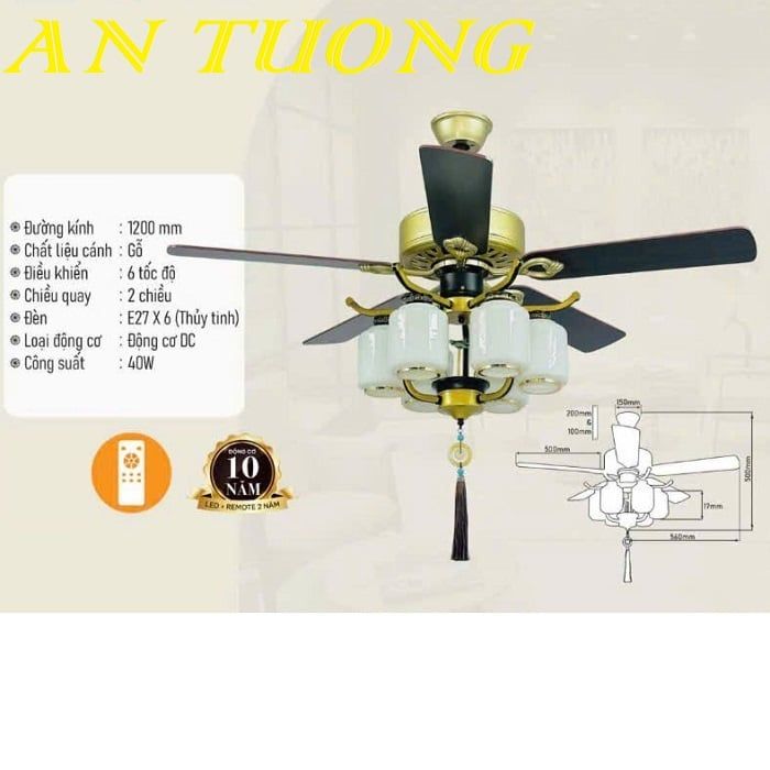 Quạt trần đèn chùm 5 cánh gỗ tân cổ điển 024