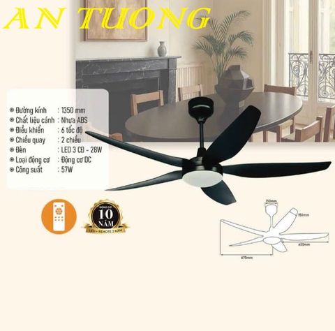  Quạt trần đèn 5 cánh màu đen hiện đại 026 