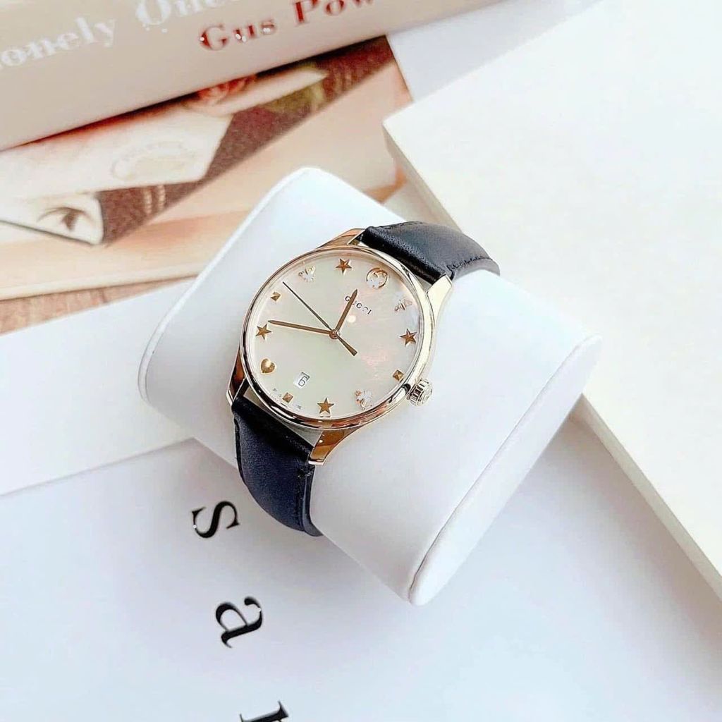 GCC G-Timelesss Mother of Pearl Dial Black Leather Ladies Watch YA1264044