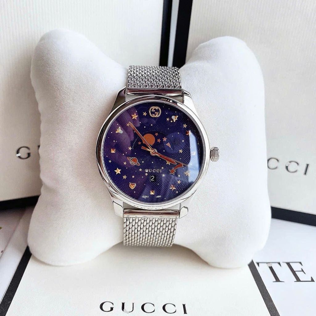 Đồng Hồ Guci G-Timelless Blue Mottifs Monphase Blue Diial Silver Tone Men's Watch YA126328
