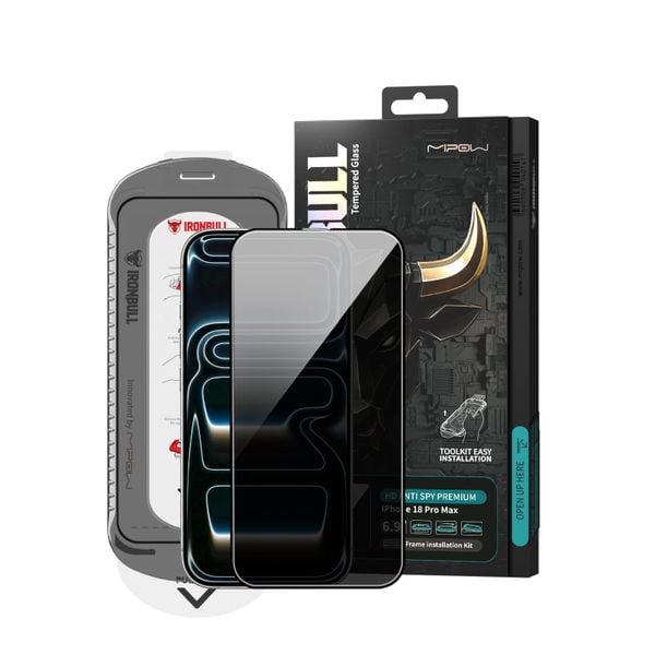 Kính Cường Lực Chống Nhìn Trộm iPhone 18 Pro Max / 17 Pro Max 2026 MIPOW IRONBULL HD Anti-Spy Silk Premium Tool Kit & Frame Camera Cover