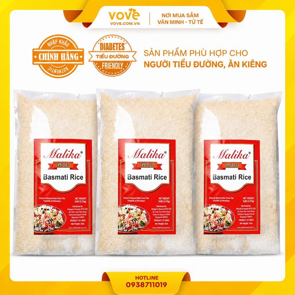 Gạo Ấn Độ Basmati MALIKA dành người tiểu đường, ăn kiêng, 5kg