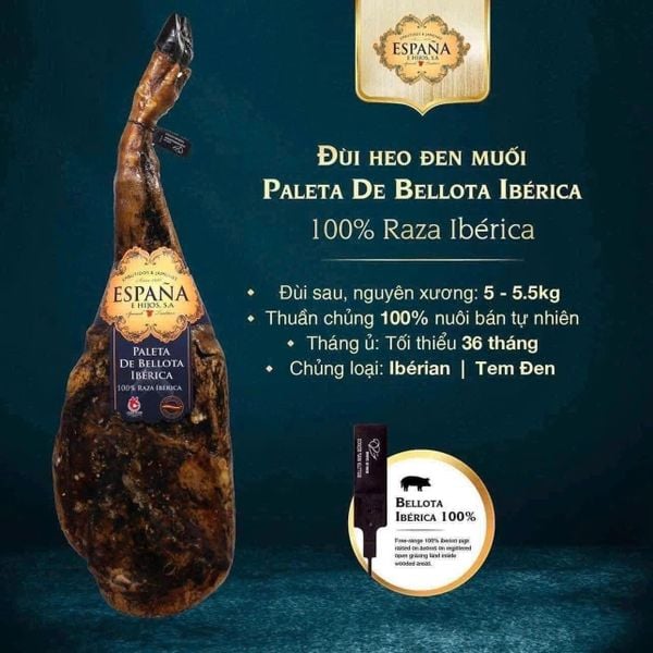 Đùi heo đen muối Tây Ban Nha Iberrico, heo thuần chủng, nuôi tự nhiên 5kg