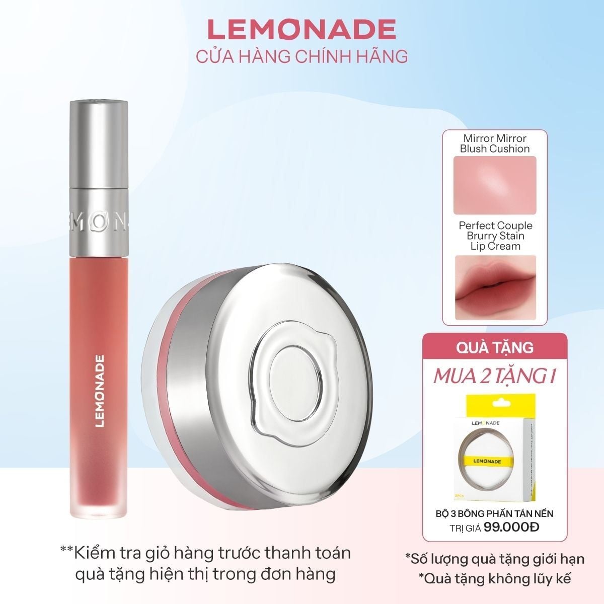  Combo Lemonade 01 Má hồng căng bóng Mirror Blush Cushion 8g và 01 Son bùn ẩm Perfect Couple Blurry Stain Lip Cream 3,5g 