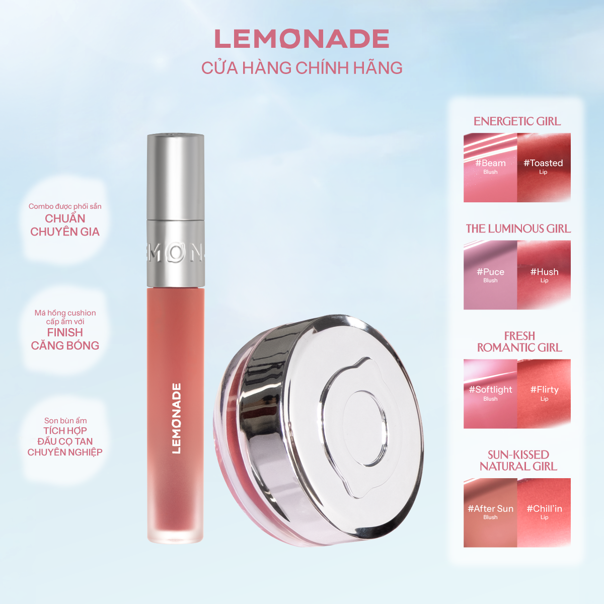  Combo Lemonade 01 Má hồng căng bóng Mirror Blush Cushion 8g và 01 Son bùn ẩm Perfect Couple Blurry Stain Lip Cream 3,5g 