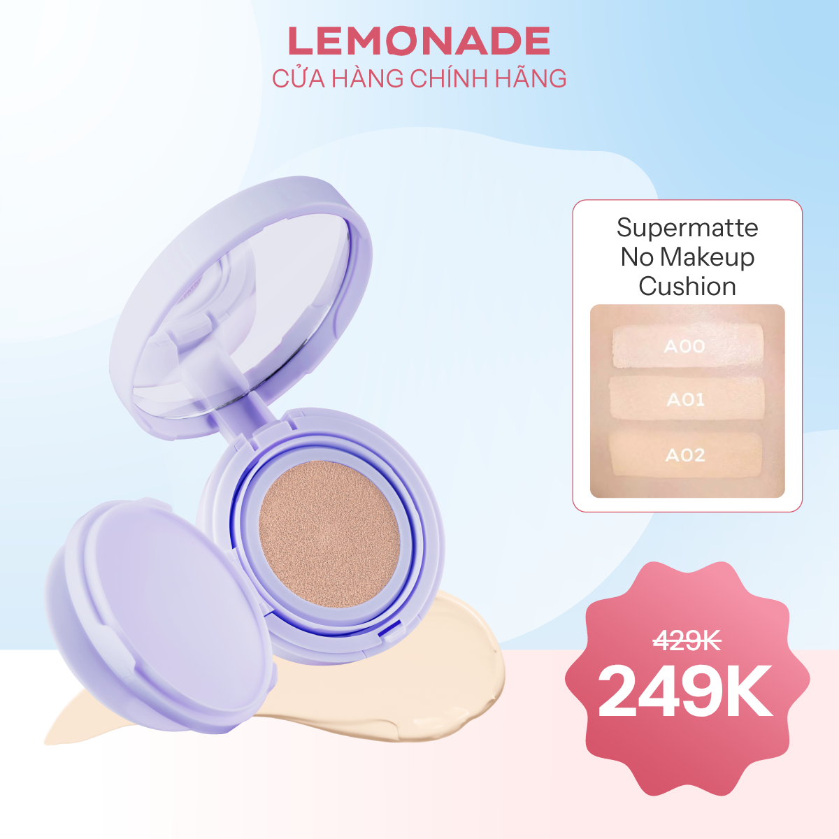  PHẤN NƯỚC MỎNG NHẸ KIỀM DẦU THUẦN CHAY CHỐNG NẮNG LEMONADE SUPERMATTE NO MAKEUP CUSHION 15G 