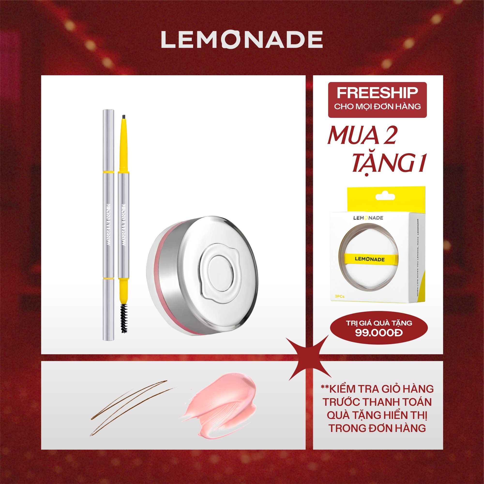  COMBO LEMONADE MÁ HỒNG CĂNG BÓNG MIRROR MIRROR BLUSH CUSHION 8G VÀ CHÌ KẺ MÀY MICRO EYEBROW 0.1G 