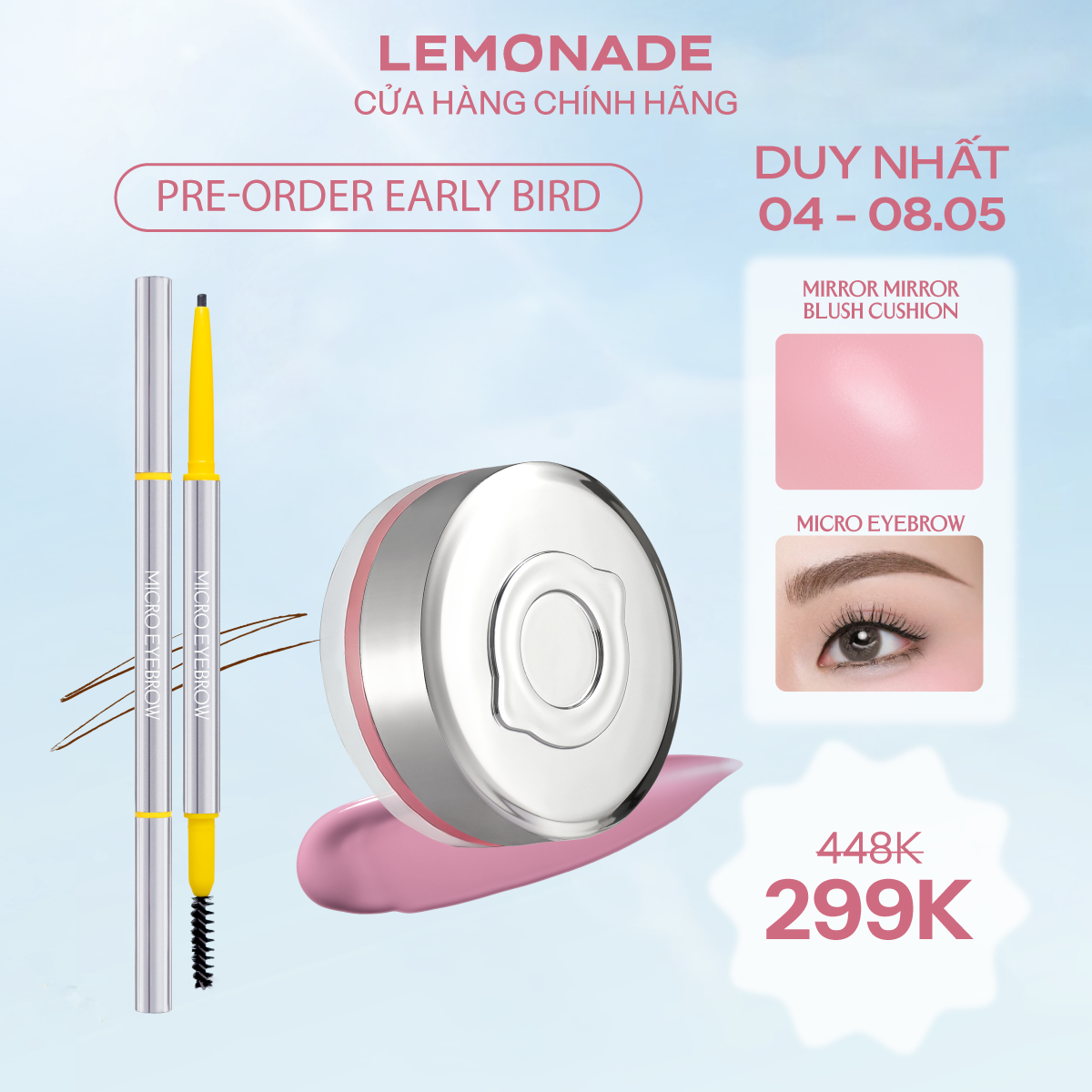  COMBO LEMONADE MÁ HỒNG CĂNG BÓNG MIRROR MIRROR BLUSH CUSHION 8G VÀ CHÌ KẺ MÀY MICRO EYEBROW 0.1G 