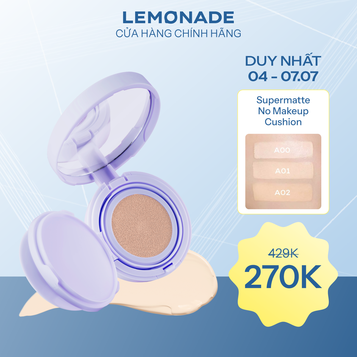  PHẤN NƯỚC MỎNG NHẸ KIỀM DẦU THUẦN CHAY CHỐNG NẮNG LEMONADE SUPERMATTE NO MAKEUP CUSHION 15G 