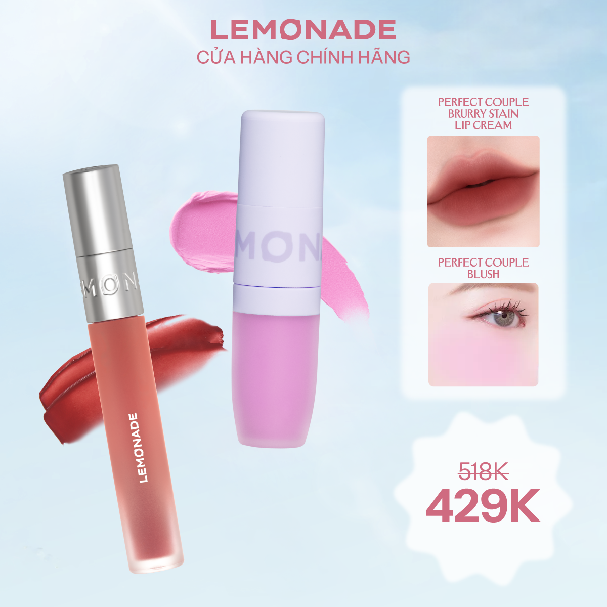  COMBO SON BÙN ẨM MỜ MỊN LÂU TRÔI LEMONADE PERFECT COUPLE BLURRY STAIN LIP CREAM & MÁ KEM MỊN LÌ PERFECT COUPLE BLUSH 