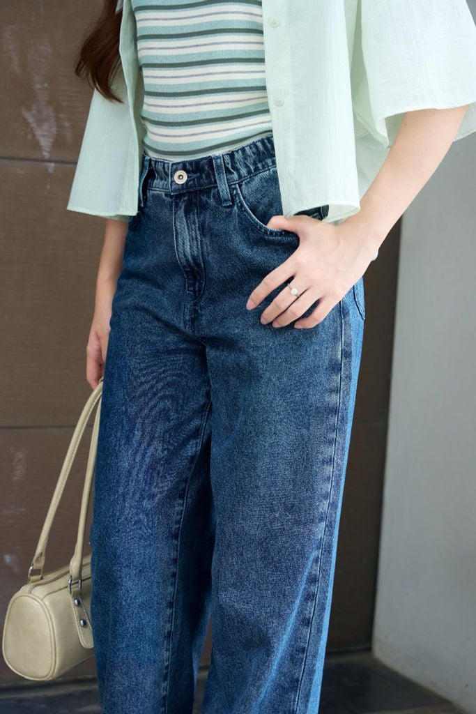 Quần Jean Nữ Ống Suông Denim Cotton Cao Cấp - Cạp Chun Co Giãn Thoải Mái, Hack Dáng