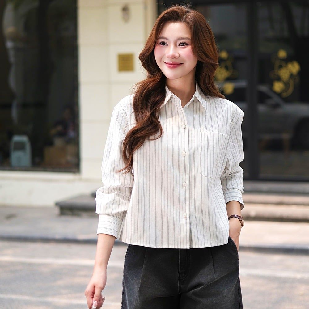 Áo Sơ Mi Nữ Kẻ Sọc Dài Tay - Vải Thô Thoáng Mát, Form Suông Dễ Mặc