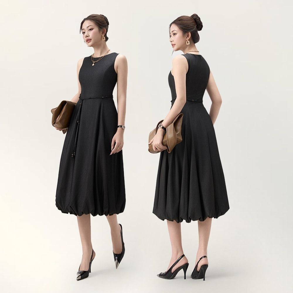 Đầm Jeans Nữ Sát Nách Dáng Xòe - Thiết Kế Váy Thắt Eo Gấu Bí