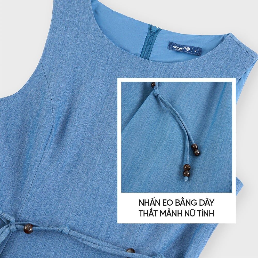 Đầm Jeans Nữ Sát Nách Dáng Xòe - Thiết Kế Váy Thắt Eo Gấu Bí