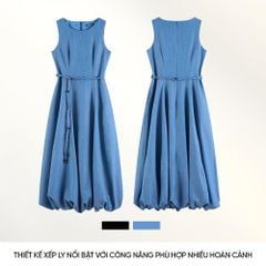 Đầm Jeans Nữ Sát Nách Dáng Xòe - Thiết Kế Váy Thắt Eo Gấu Bí