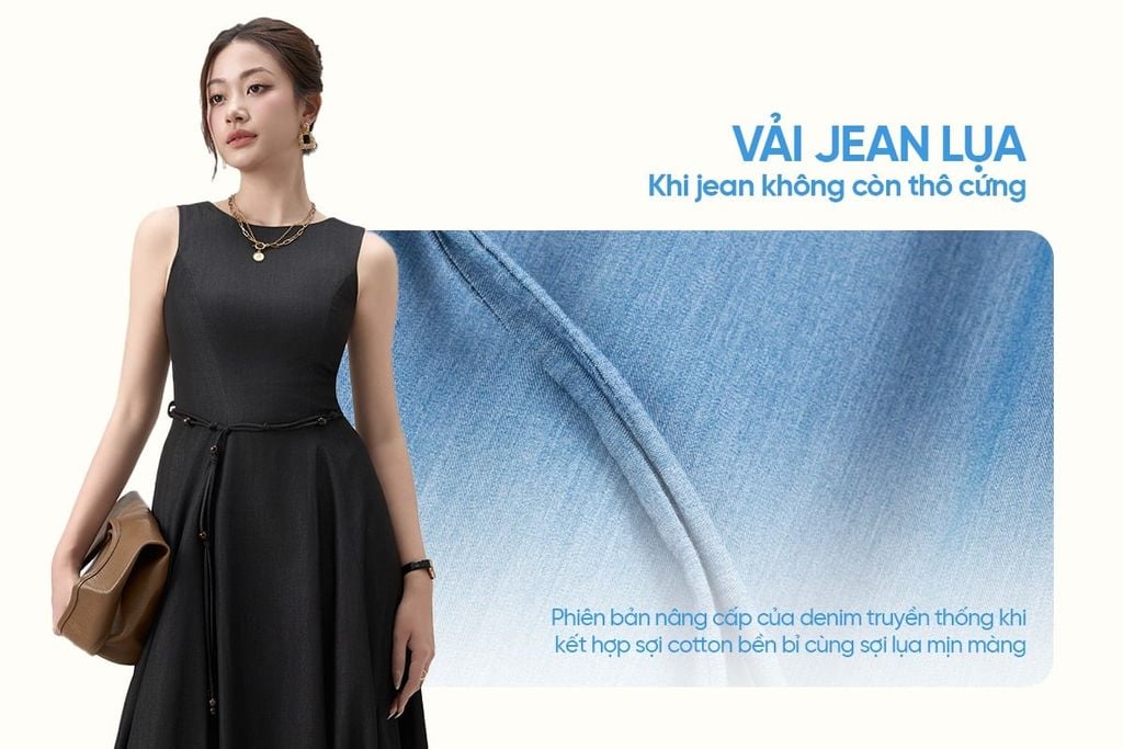 Đầm Jeans Nữ Sát Nách Dáng Xòe - Thiết Kế Váy Thắt Eo Gấu Bí