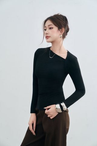 Áo Thun Nữ Dài Tay - Cổ Lệch Nhún Sườn Dáng Ôm