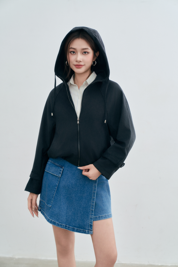 Áo Khoác Da Lộn Nữ Dáng Suông Có Mũ