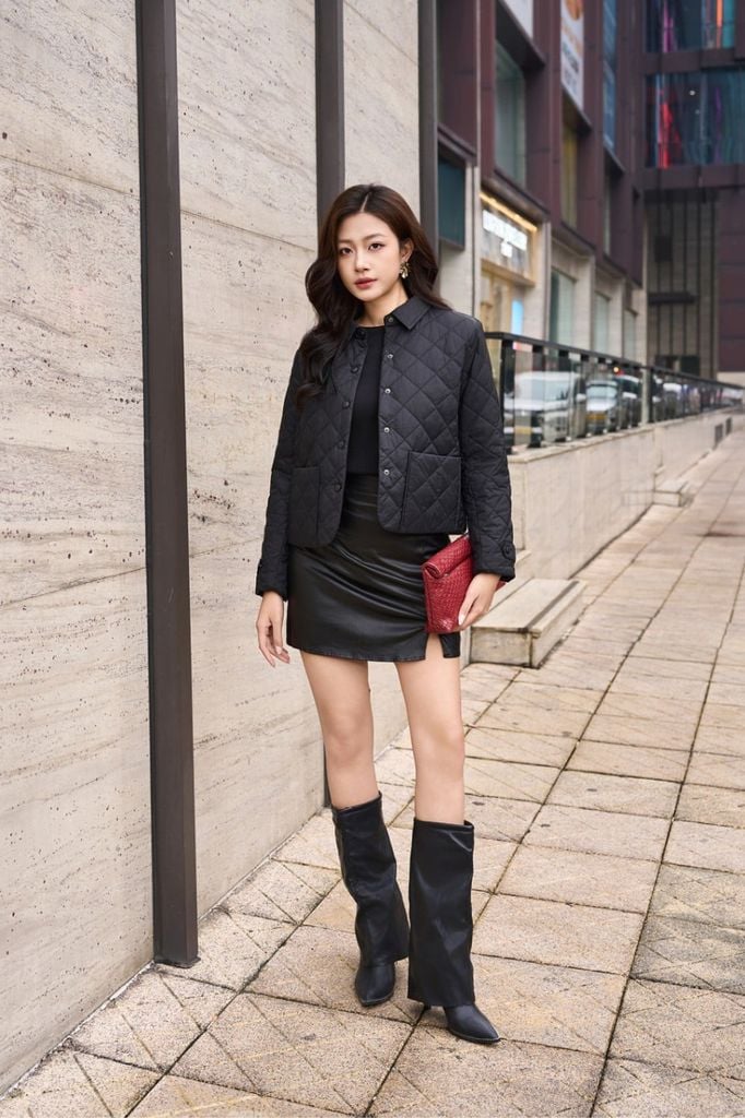 Áo Phao Nữ Dáng Ngắn Họa Tiết Chần Trám, Cổ Đức Thanh Lịch