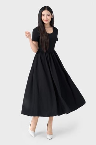 Đầm Xòe Nữ Liền Thân Tay Ngắn Cổ Tròn - Denim Lụa Mềm Mát