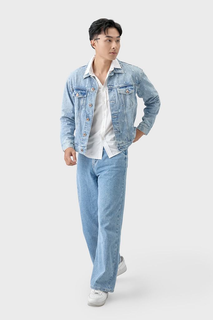 Áo Khoác Jean Nam Form Vừa – Laser Wash Bụi Bặm