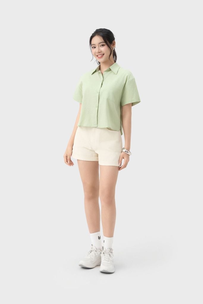 Áo Sơ Mi Nữ Croptop Cộc Tay - Chất Vải Thô Trẻ Trung Năng Động