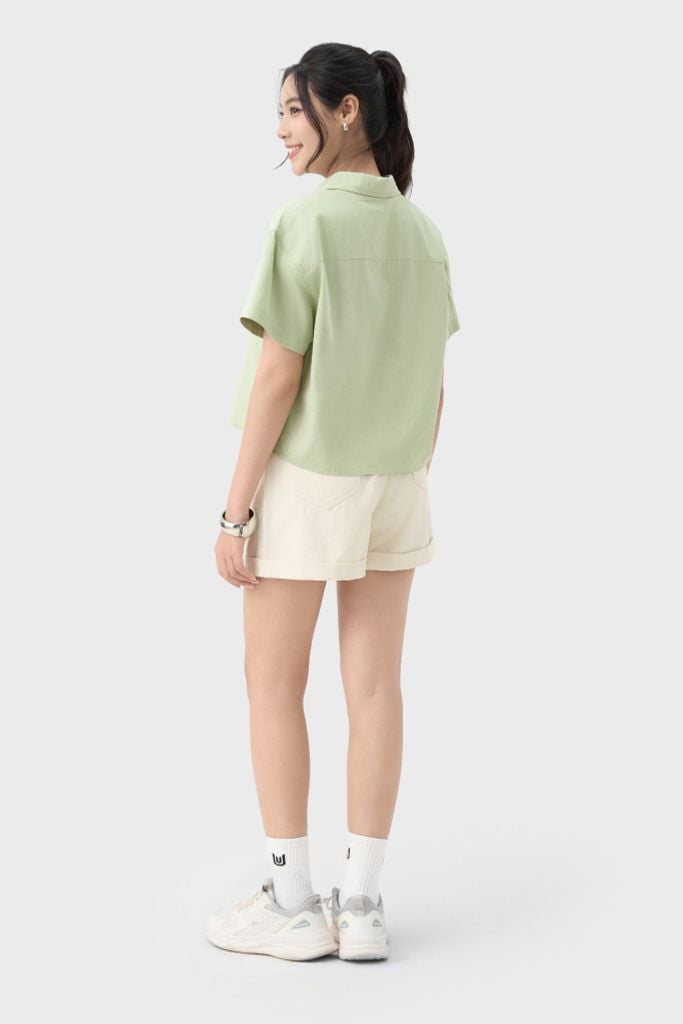 Áo Sơ Mi Nữ Croptop Cộc Tay - Chất Vải Thô Trẻ Trung Năng Động
