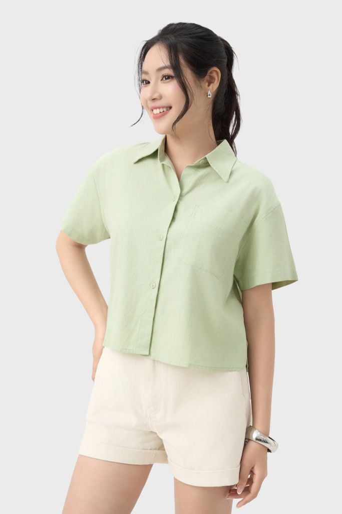 Áo Sơ Mi Nữ Croptop Cộc Tay - Chất Vải Thô Trẻ Trung Năng Động