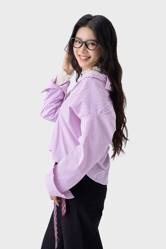 Áo Sơmi Nữ Dài Tay Thô Kẻ Suông