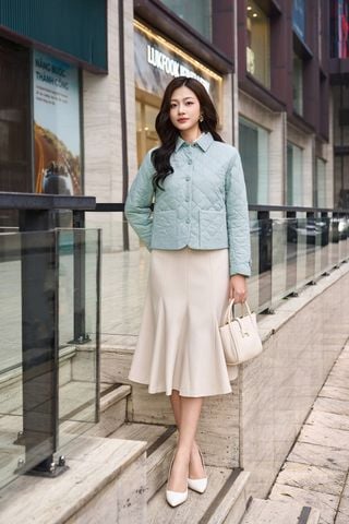 Áo Phao Nữ Dáng Ngắn Họa Tiết Chần Trám, Cổ Đức Thanh Lịch