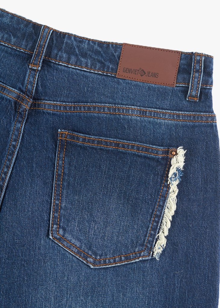 Quần Jean Nữ Ống Cong Cạp Cao - Viền Túi Mài Cá Tính